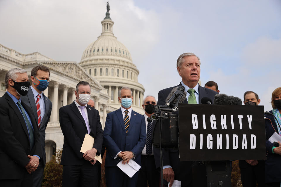 WASHINGTON, DC - MARCH 17: Sen. Lindsey Graham (R-SC) speaks during a news conference about immigration outside the U.S. Capitol on March 17, 2021 in Washington, DC. Graham joined GOP members of the House to announce a plan to overhaul the immigration system, which would include giving citizenship to Dreamers, reform the asylum process and creating a 10-year path to citizenship for undocumented immigrants.  (Photo by Chip Somodevilla/Getty Images)