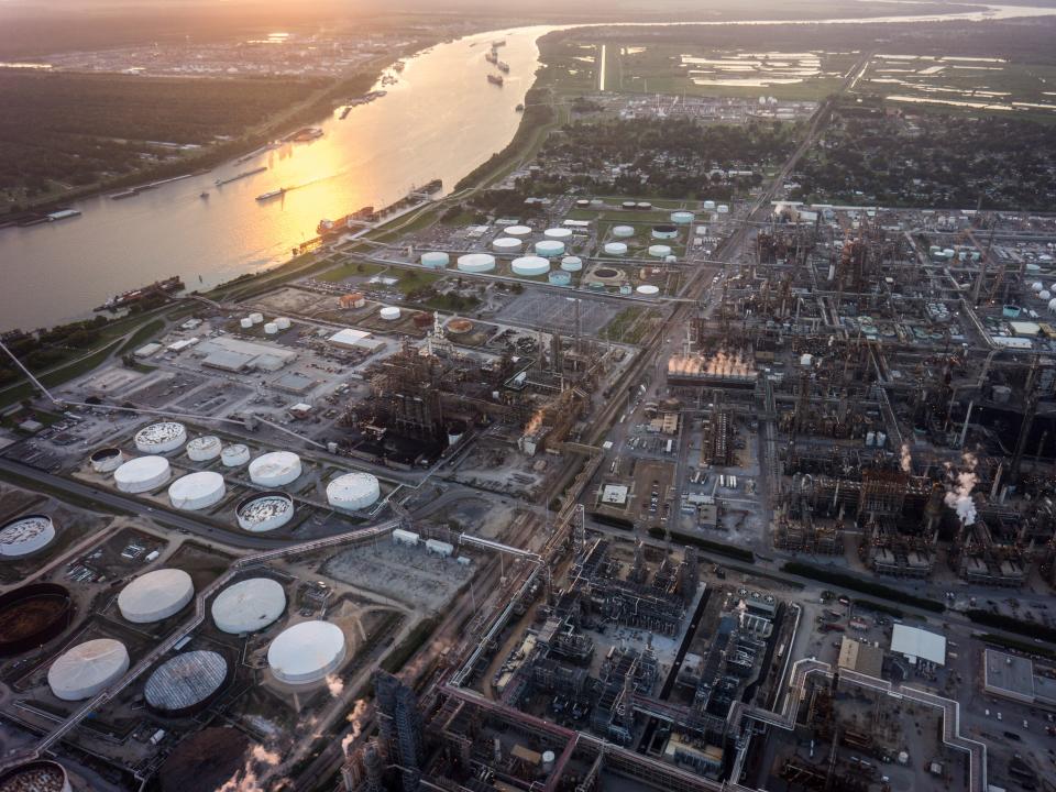 An aerial view of chemical plants and factories lining the roads and suburbs of the area known as 'Cancer Alley' October 15, 2013.