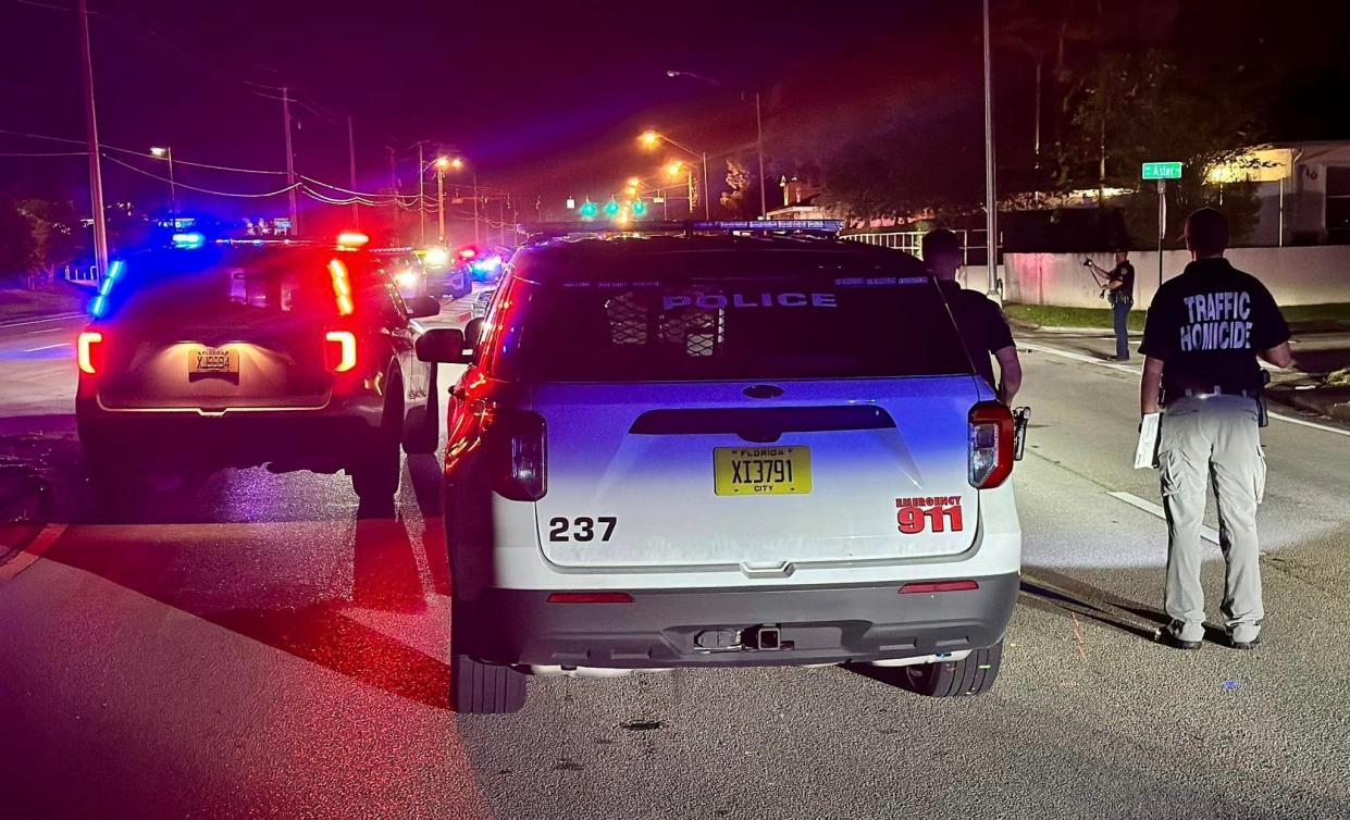 Police respond to a fatal motorcycle crash Friday, July 14, 2023, in Port St. Lucie, Fla. A 38-year-old man was pronounced dead after his Suzuki sportbike collided with a Ford Explorer.