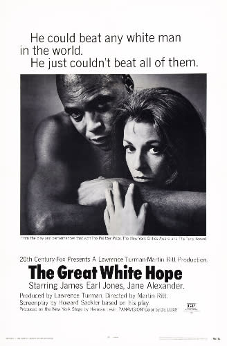 The poster, which shows James Earl Jones embracing his love interest, reads "He could beat any white man in the world. He just couldn't beat all of them."