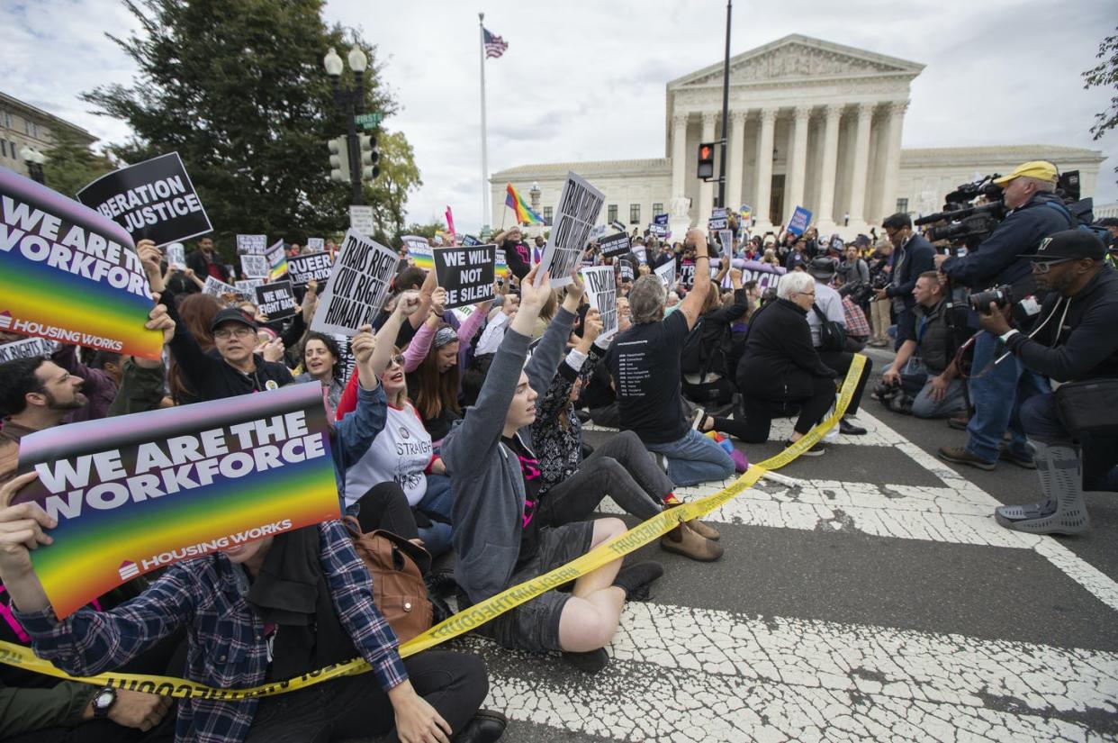 <span class="caption">Supporters of LGBT rights protest in front of the U.S. Supreme Court.</span> <span class="attribution"><span class="source">AP Photo/Manuel Balce Ceneta</span></span>