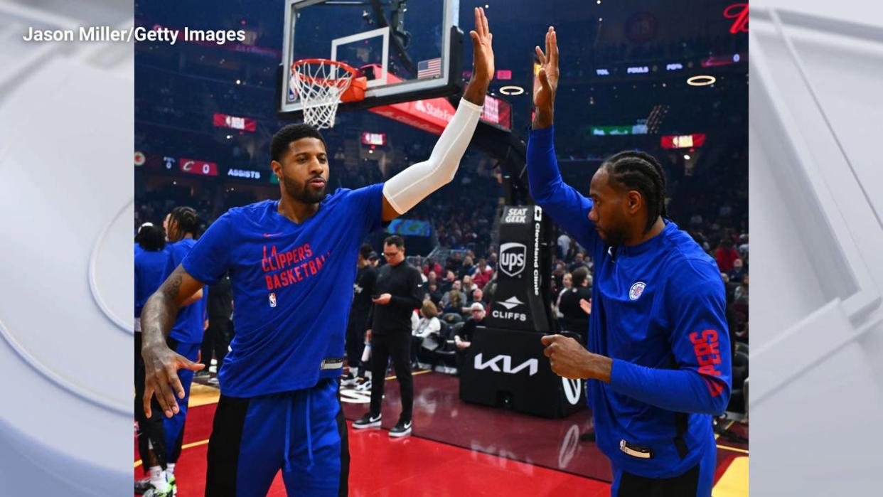 <div>Paul George #13 celebrates with Kawhi Leonard #2 of the LA Clippers prior to the game against the Cleveland Cavaliers at Rocket Mortgage Fieldhouse on January 29, 2024 in Cleveland, Ohio. (Photo by Jason Miller/Getty Images)</div> <strong>(Getty Images)</strong>