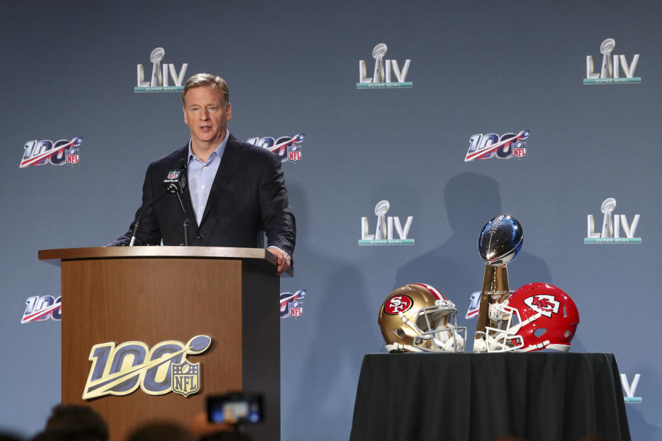 NFL Commissioner Roger Goodell speaks at a press conference ahead of Super Bowl LIV, Wednesday, Jan. 29, 2020 in Miami. (Ben Liebenberg via AP)