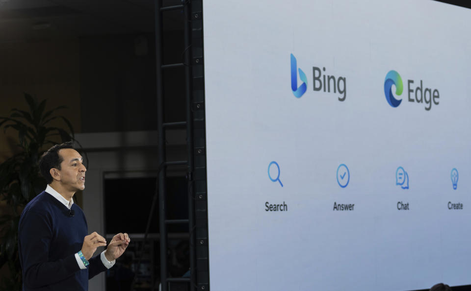 Yusuf Mehdi, Microsoft Corporate Vice President of Search speaks to members of the media about the integration of the Bing search engine and Edge browser with OpenAI on Tuesday, Feb. 7, 2023, in Redmond. Microsoft is fusing ChatGPT-like technology into its search engine Bing, transforming an internet service that now trails far behind Google into a new way of communicating with artificial intelligence. (AP Photo/Stephen Brashear)