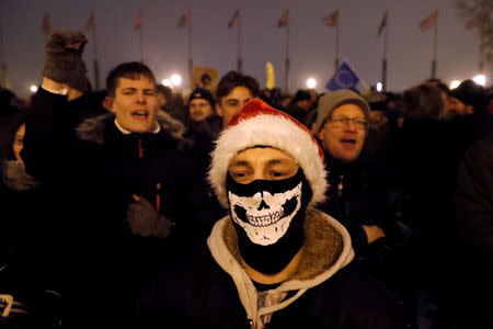 Demonstrators gather outside the Presidential Palace during a protest against a proposed new labor law, billed as the "slave law", in Budapest, Hungary December 21, 2018. REUTERS/Bernadett Szabo