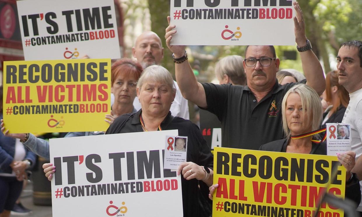 <span>Campaigners, including many victims of the infected blood scandal, stage a protest at Westminster, London, calling for immediate and broader compensation.</span><span>Photograph: Victoria Jones/PA</span>