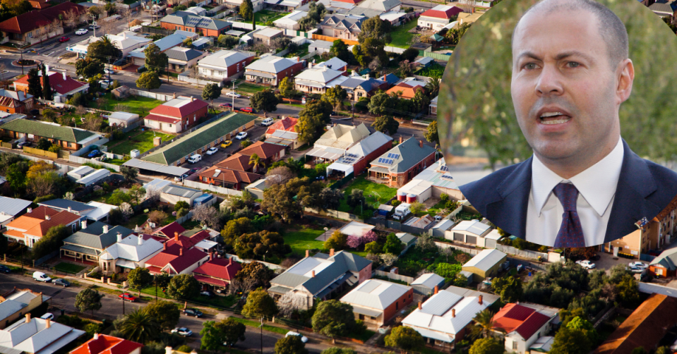 Aerial view of Australian suburb with image of Josh Frydenberg