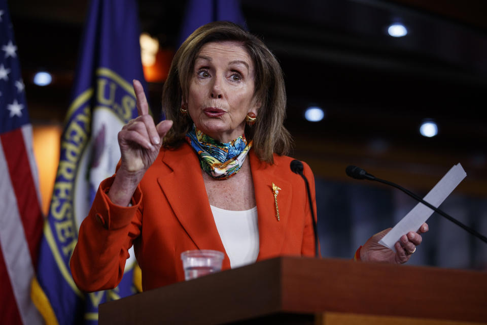 House Speaker Nancy Pelosi of Calif., speaks at a news conference on Capitol Hill in Washington, Friday, June 26, 2020. (AP Photo/Carolyn Kaster)