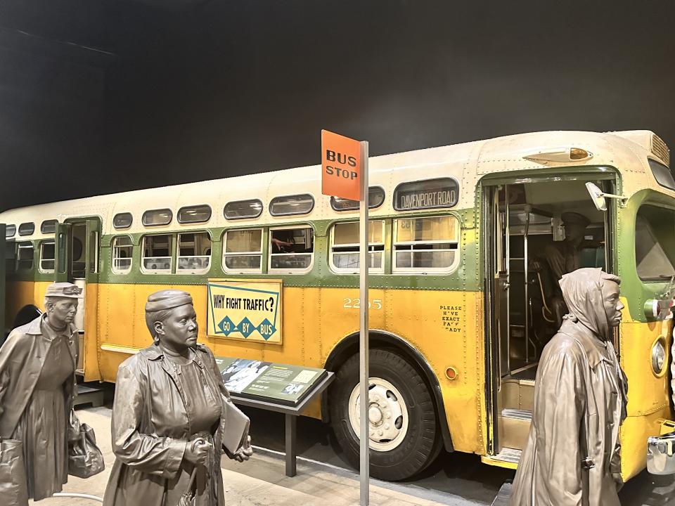 An exhibit at the National Civil Rights Museum in Memphis depicts a replica bus of the one Rosa Parks sat on and refused to give up her seat in 1955, the event that birthed the Montgomery bus boycott. (Vincent Goodwill/Yahoo Sports)