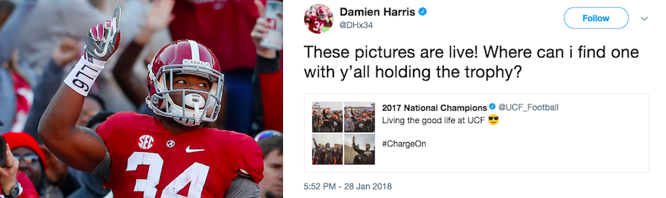 Damien Harris had some harsh words for UCF. (Getty Images/@DHx34 on Twitter)