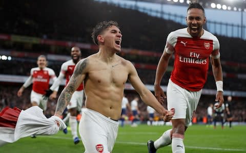 Arsenal's Lucas Torreira celebrates scoring their fourth goal  - Credit: Action Images