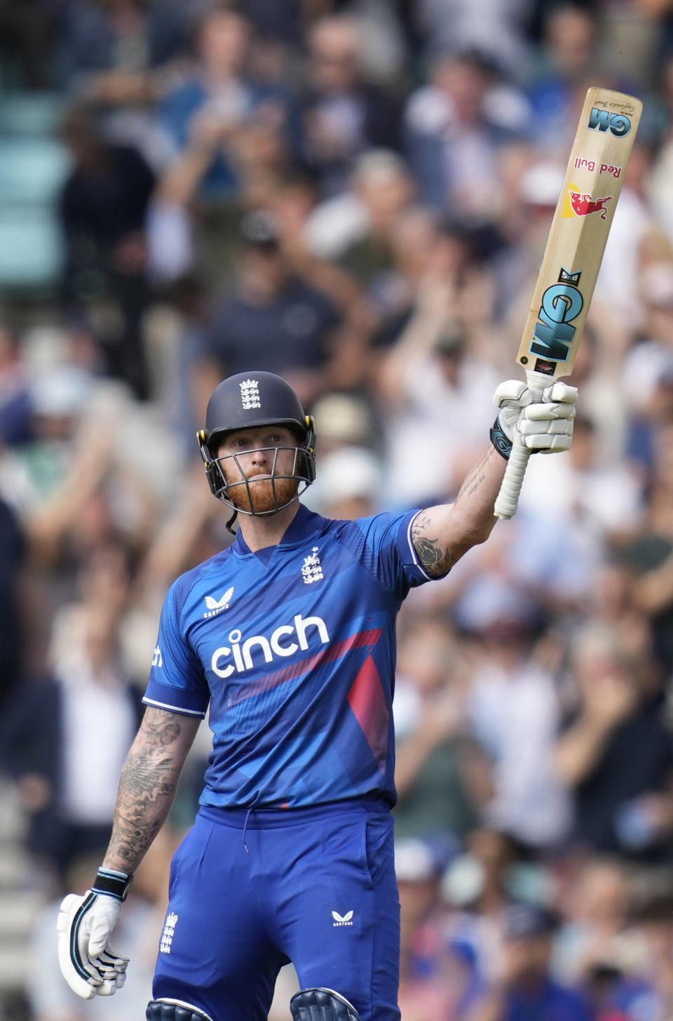 England's Ben Stokes celebrates scoring 150 runs during the One Day International cricket match between England and New Zealand at The Oval cricket ground in London, Wednesday, Sept. 13, 2023. (AP Photo/Kirsty Wigglesworth)