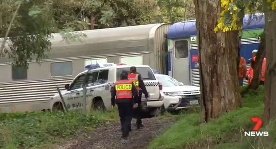 The site is investigated while passengers remain inside the train. Source: 7 News