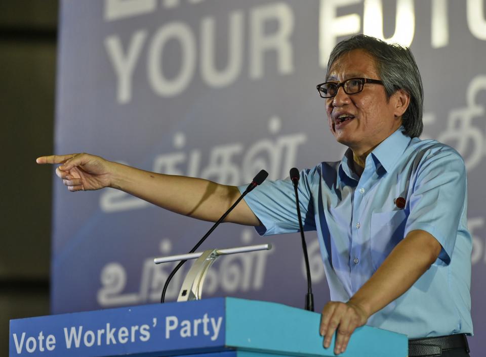 Chen Show Mao, opposition Workers' Party (WP) candidate speaks at a rally ahead of the general election in Singapore on September 2, 2015. Campaigning for Singapore's September 11 election began September 1, with a resurgent opposition seeking a greater political role as voters chafe at immigration and high living costs.  AFP PHOTO / ROSLAN RAHMAN        (Photo credit should read ROSLAN RAHMAN/AFP via Getty Images)