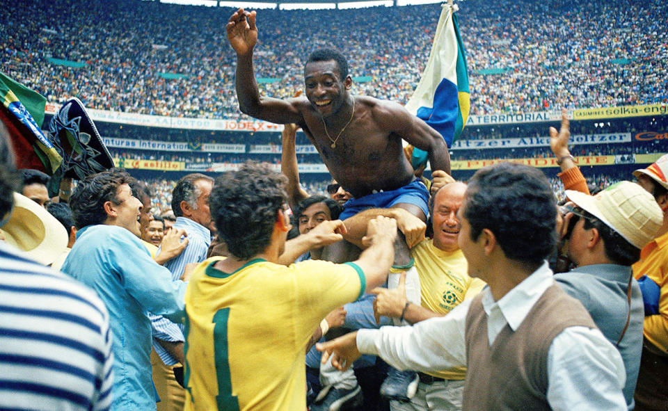 Pele, pictured here celebrating after winning the 1970 World Cup in Mexico.