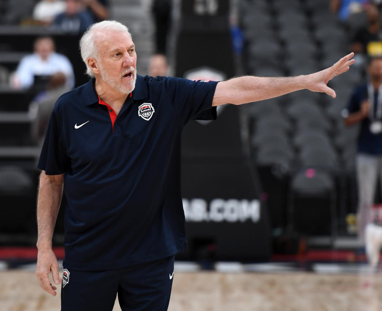 LAS VEGAS, NEVADA - AUGUST 09:  Head coach Gregg Popovich of the 2019 USA Men's National Team gestures to players on the court before the 2019 USA Basketball Men's National Team Blue-White exhibition game at T-Mobile Arena on August 9, 2019 in Las Vegas, Nevada.  (Photo by Ethan Miller/Getty Images)