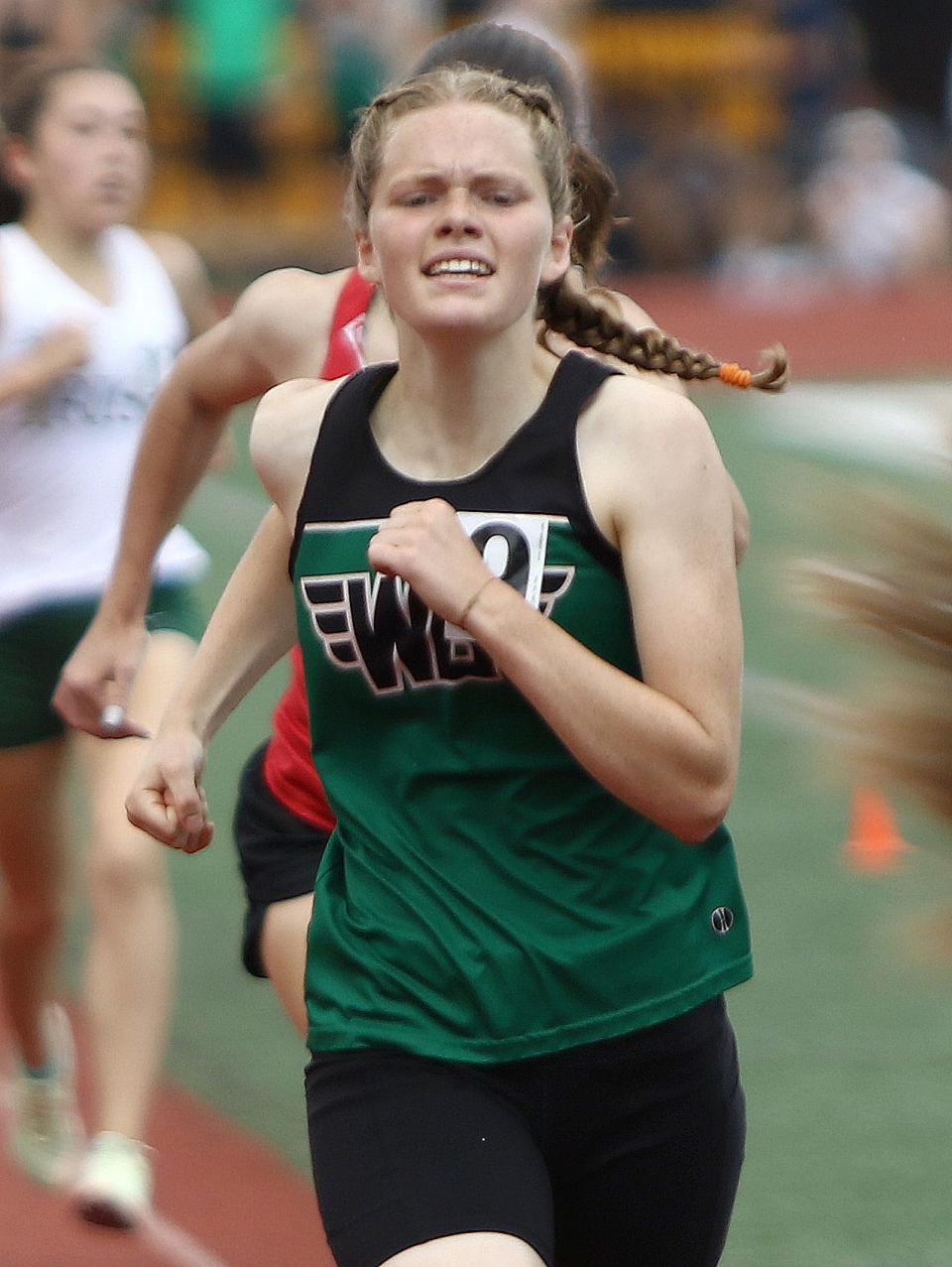 West Branch's Kaylee Burcaw during the girls 800-meter final at the Division II district track and field finals at Salem Sebo Stadium on Saturday, May 21, 2022.