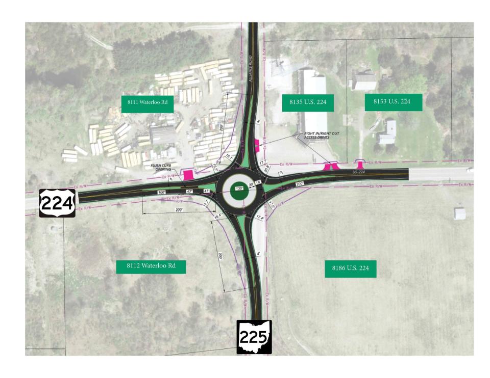 This rendering shows the layout of a proposed roundabout at Routes 224 and 225 in Deerfield Township. It is preliminary and subject to possible change.