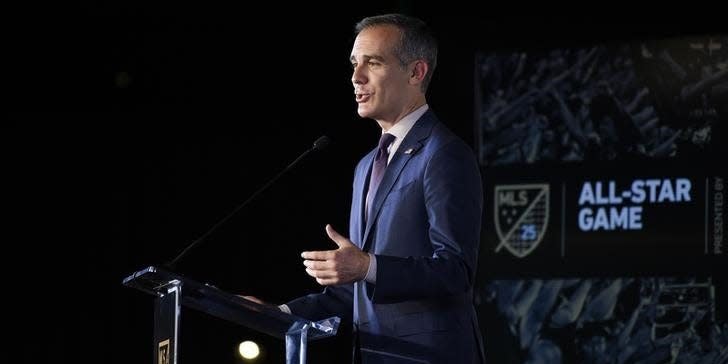 FILE PHOTO: Nov 20, 2019; Los Angeles, CA, USA; Los Angeles mayor Eric Garcetti speaks during a press conference to introduce Los Angeles as the site for the 2020 MLS All-Star game between the Liga MX all stars against the MLS all stars at Banc of California Stadium. Mandatory Credit: Kelvin Kuo-USA TODAY Sports