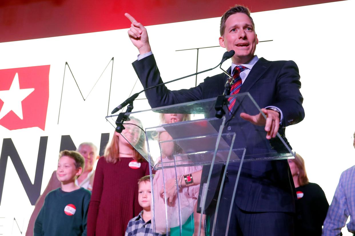 Republican Matt Pinnell speaks after winning the race for lieutenant governor.