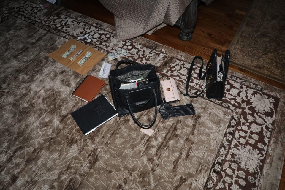 Amie Harwick's purses on the floor in her bedroom  / Credit: Superior Court of California, County of Los Angeles