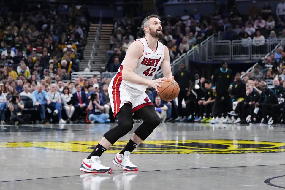 INDIANAPOLIS, INDIANA - APRIL 07: Kevin Love #42 of the Miami Heat attempts a shot in the first quarter against the Indiana Pacers at Gainbridge Fieldhouse on April 07, 2024 in Indianapolis, Indiana. NOTE TO USER: User expressly acknowledges and agrees that, by downloading and or using this photograph, User is consenting to the terms and conditions of the Getty Images License Agreement. (Photo by Dylan Buell/Getty Images)