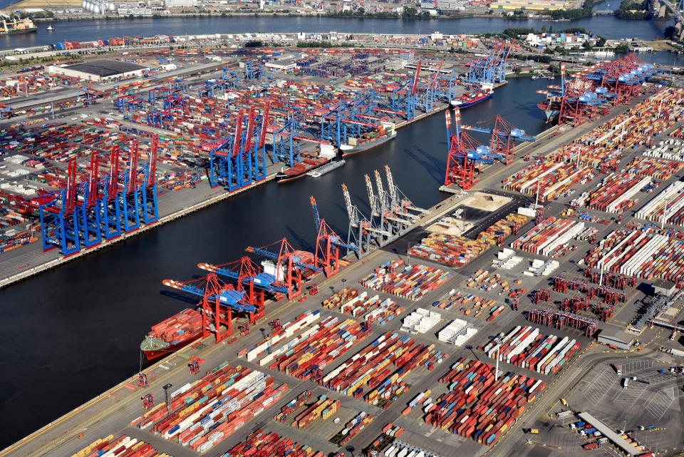 Aerial view of a loading terminal in the port of Hamburg, Germany. Photo: Reuters/Fabian Bimmer