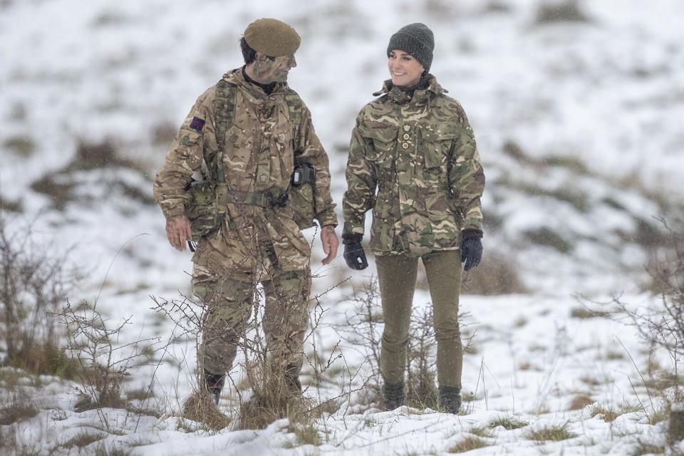 Kate, Princess of Wales, Colonel, Irish Guards, during her first visit to the 1st Battalion Irish Guards since becoming Colonel, at the Salisbury Plain Training Area in Wiltshire, England