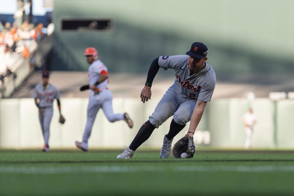 Tigers first baseman Spencer Torkelson stops the ball during the first inning against the Giants on Tuesday, June 28, 2022, in San Francisco.