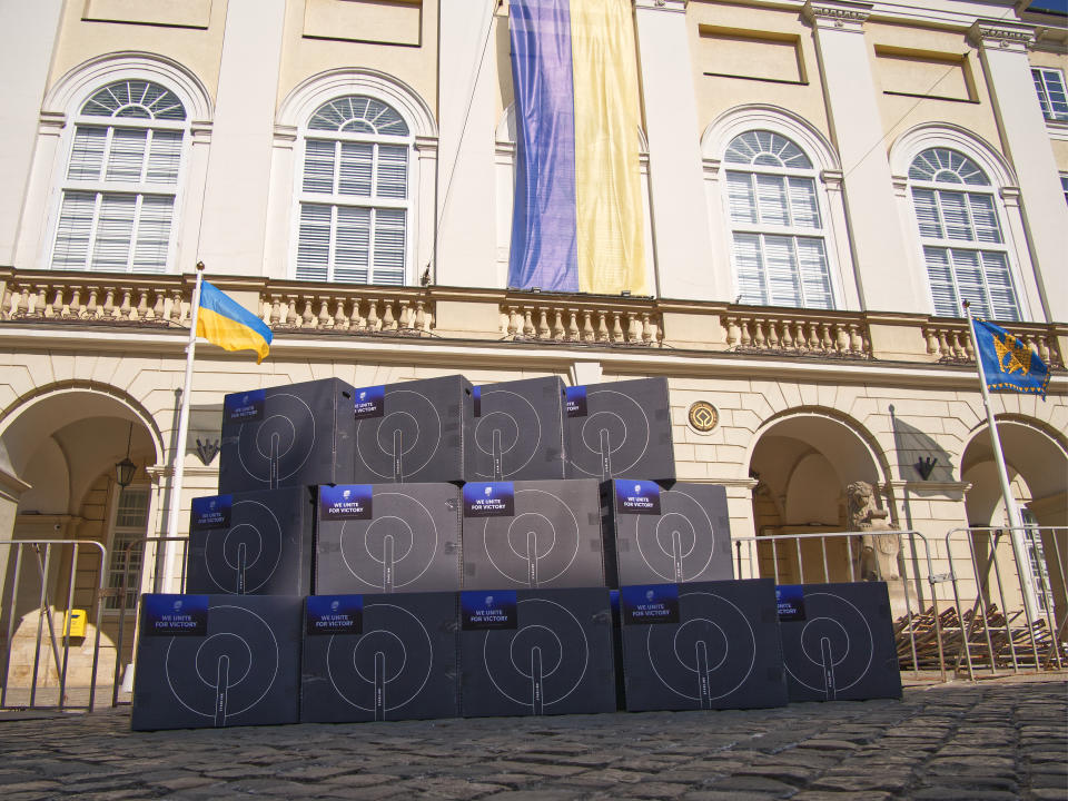 Lviv, Ukraine, March 25, 2022. There are a lot of boxes with equipment for satellite Internet starlink, from Elon Musk's company Spacex, near the Ukrainian administrative building. Humanitarian aid