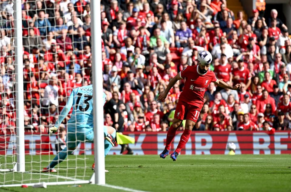 Mohamed Salah heads Liverpool in front (Liverpool FC via Getty Images)