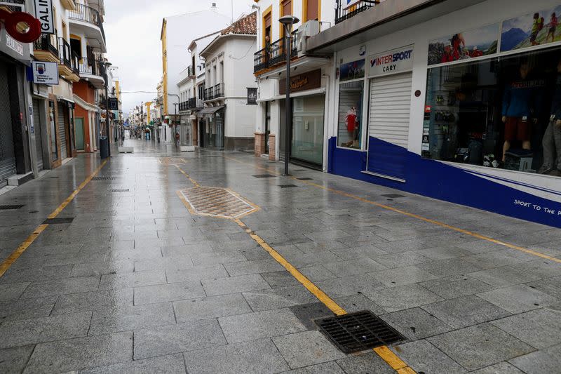 An empty La Bola street is pictured during partial lockdown in downtown Ronda