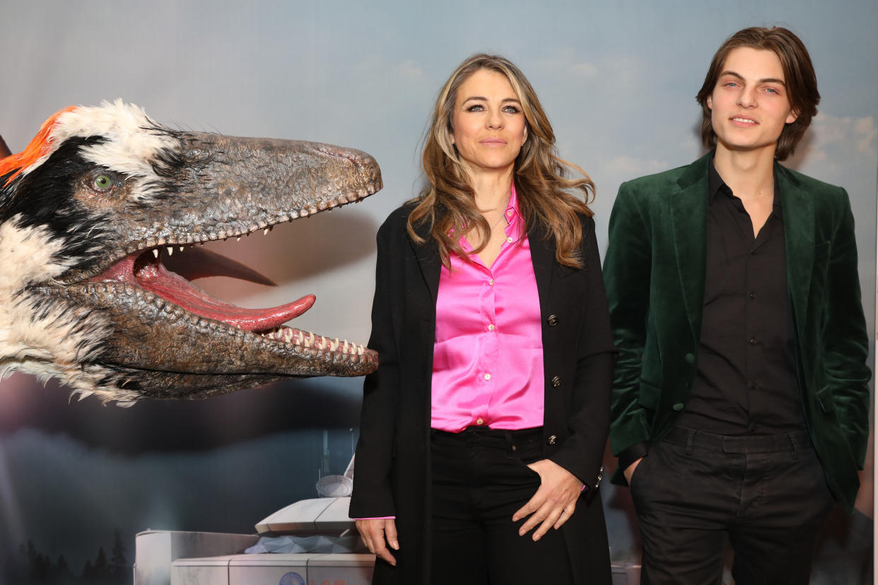 LONDON, ENGLAND - FEBRUARY 13:  Elizabeth Hurley (L) and Damian Hurley attend the launch of Dinosaurs in the Wild at Greenwich Peninsula on February 13, 2018 in London, England.  (Photo by David M. Benett/Dave Benett/Getty Images for Dinosaurs in the Wild)