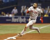 May 23, 2018; St. Petersburg, FL, USA; Boston Red Sox second baseman Eduardo Nunez (36) rounds third base but is thrown out at home during the fifth inning against the Tampa Bay Rays at Tropicana Field. Mandatory Credit: Reinhold Matay-USA TODAY Sports