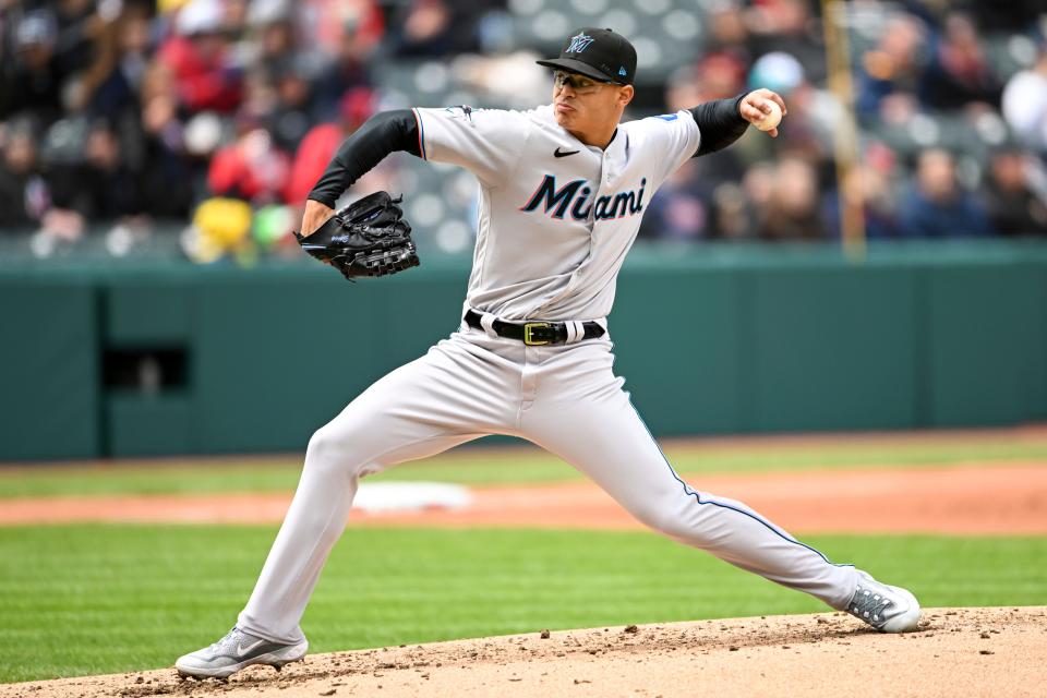 Miami Marlins starting pitcher Jesús Luzardo delivers during the second inning of a baseball game against the Cleveland Guardians, Sunday, April 23, 2023, in Cleveland. (AP Photo/Nick Cammett)