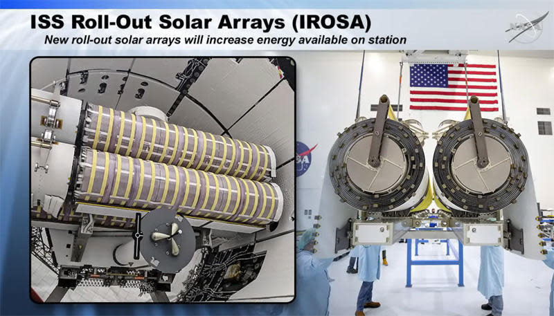 The iROSA blankets were launched to the station inside the trunk of a SpaceX Dragon cargo ship, left). / Credit: NASA