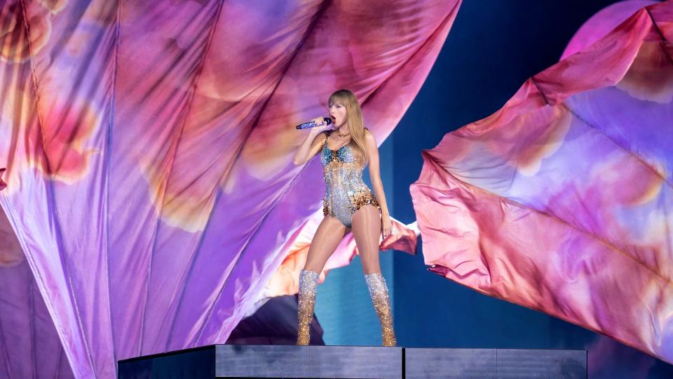 Taylor Swift performs during her "Eras Tour" opening at AT&T Stadium in Arlington, Texas in March 2023. (Photo by SUZANNE CORDEIRO / AFP) (Photo by SUZANNE CORDEIRO/AFP via Getty Images)