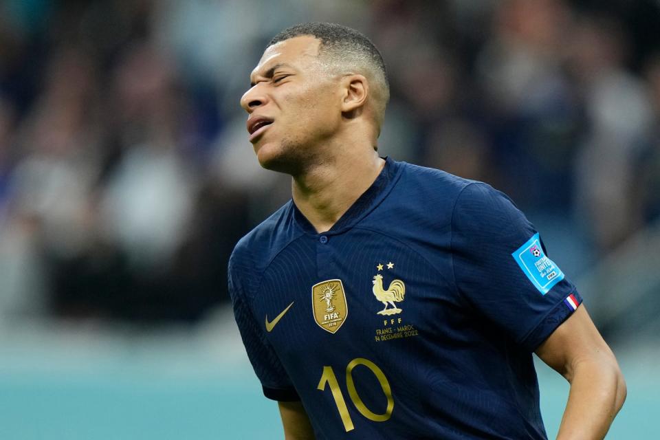 Kylian Mbappe centre-forward of France and Paris Saint-Germain lament a failed occasion during the FIFA World Cup Qatar 2022 semi final match between France and Morocco at Al Bayt Stadium on December 14, 2022.