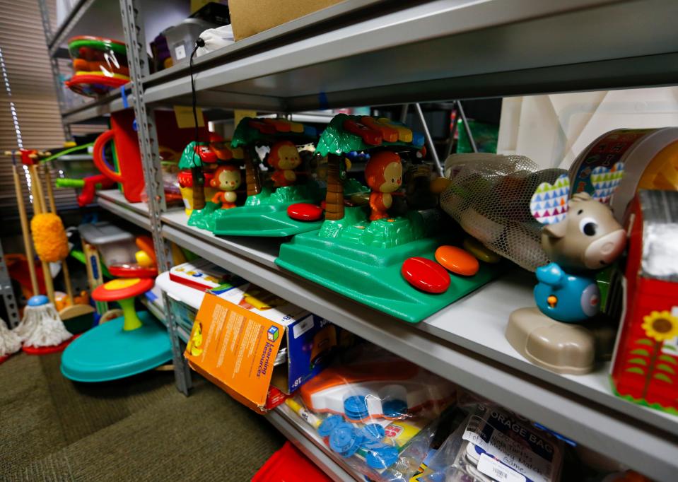 A shelf of interactive toys that Community Partnership of the Ozarks has available for families taking part in its Capable Kids and Families program.