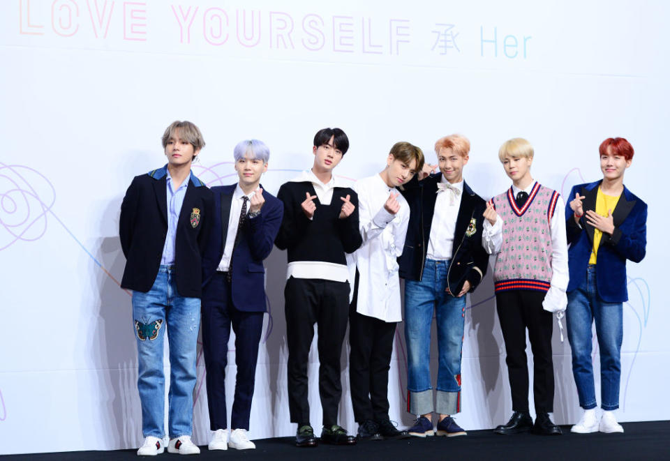 SEOUL, SOUTH KOREA - SEPTEMBER 18: BTS attend the press conference for BTS's New Album 'LOVE YOURSELF: Her' release at Lotte Hotel Seoul on September 18, 2017 in Seoul, South Korea. (Photo by THE FACT/Imazins via Getty Images)