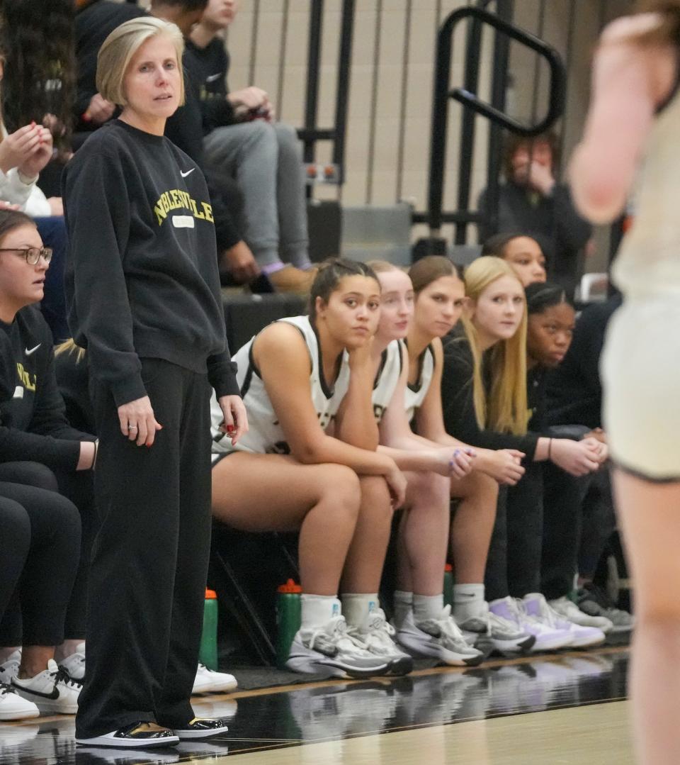 Noblesville High School's head coach Donna Buckley watches play against Valparaiso High School at Noblesville High School, Dec 28, 2023. Noblesville won 65-56.