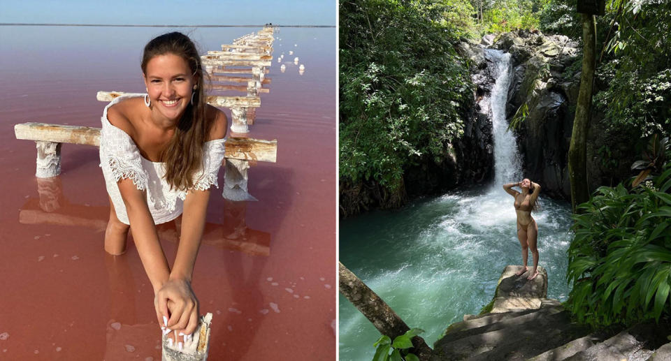 The Instagram influencer is seen standing near a waterfall in Bali. 