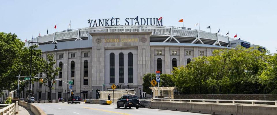 New York City, USA - June 10, 2017: Outside view of Yankee Stadium in Bronx, seen from the Macombs Dam Bridge