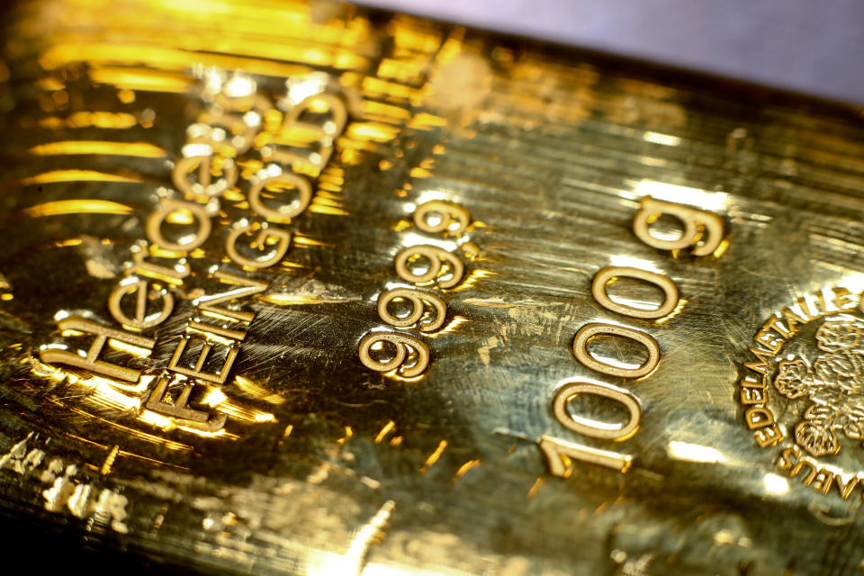 A gold bar is pictured in the safe deposit boxes room of the Pro Aurum gold house in Munich, Germany,  August 14, 2019. REUTERS/Michael Dalder