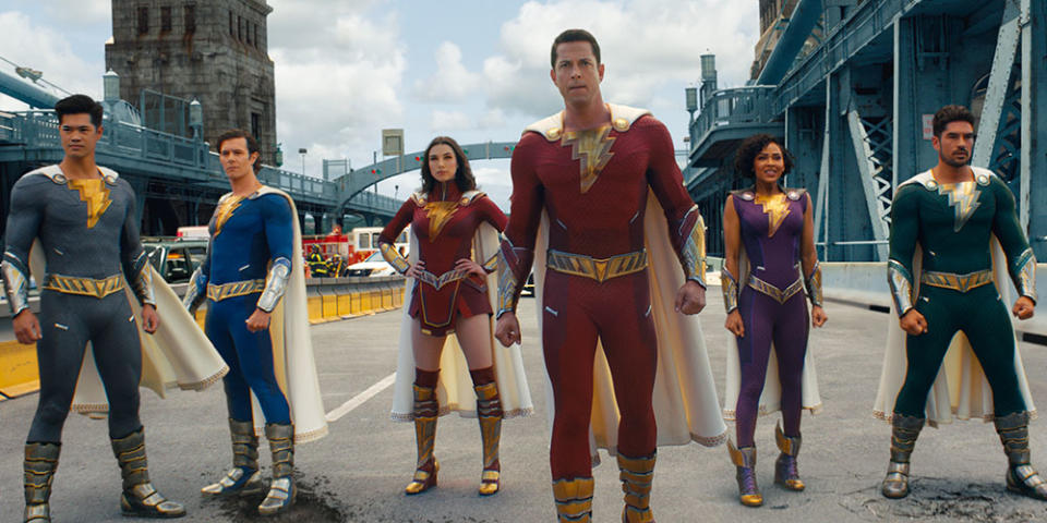 (L-r) ROSS BUTLER as Super Hero Eugene, ADAM BRODY as Super Hero Freddy, GRACE CAROLINE CURREY as Super Hero Mary, ZACHARY LEVI as Shazam, MEAGAN GOOD as Super Hero Darla and D.J. COTRONA as Super Hero Pedro in New Line Cinema’s action adventure “SHAZAM! FURY OF THE GODS,” a Warner Bros. Pictures release.