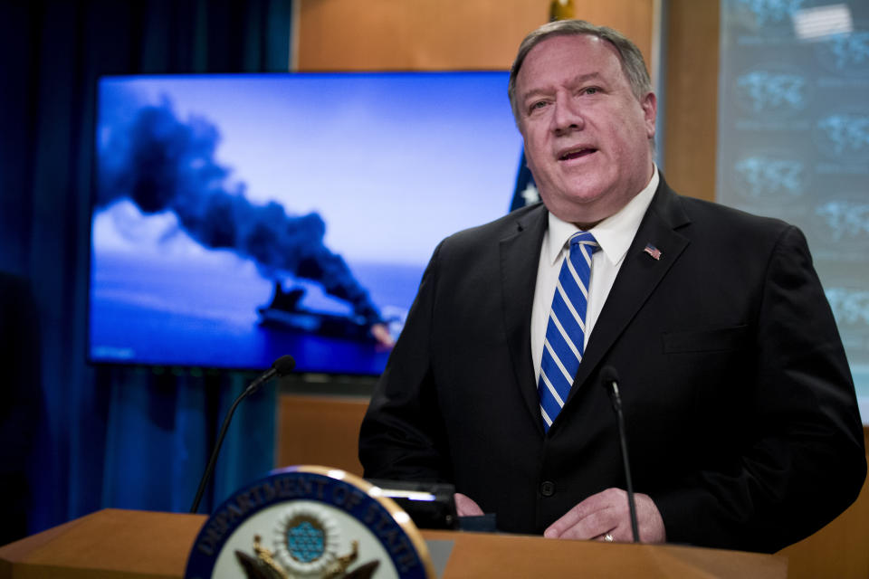 Secretary of State Mike Pompeo speaks at the State Department, Thursday, June 13, 2019, in Washington. Pompeo says Iran is believed to be responsible for attacks on 2 tankers near Persian Gulf. (AP Photo/Alex Brandon)