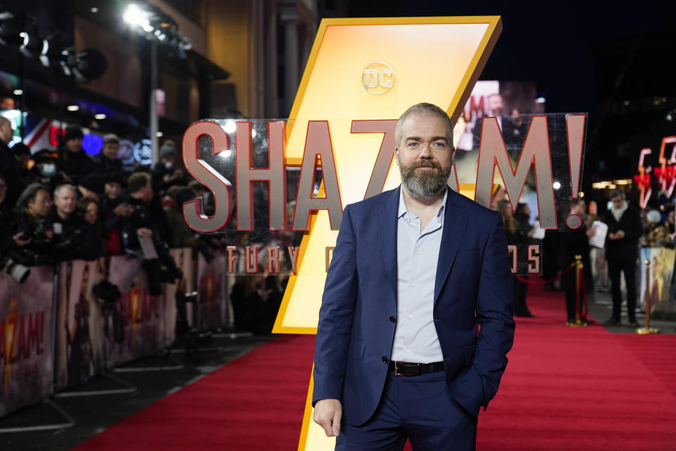 David F. Sandberg poses for photographers upon arrival at the premiere of the film 'Shazam! Fury of the Gods' in London, Tuesday, March 7, 2023.(Photo by Alberto Pezzali/Invision/AP)