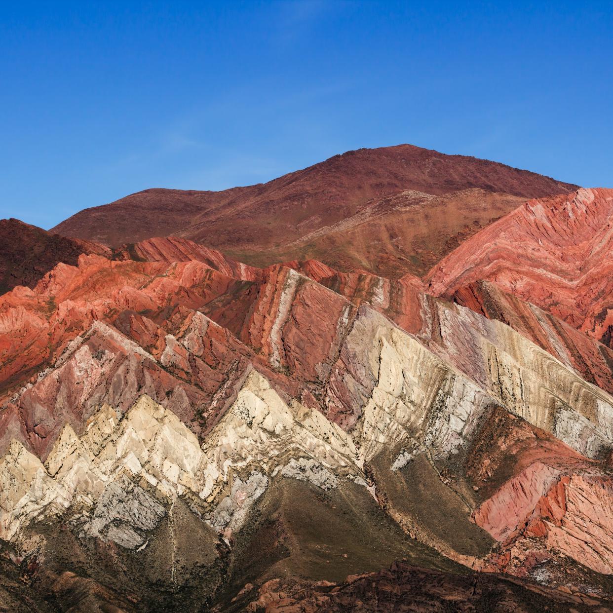 The Serrana de Hornocal mountain range, in the province of Jujuy, Argentina, has distinctive multicoloured striations, formed by mineral deposition and subsequent tectonic-plate movement - klausbalzano