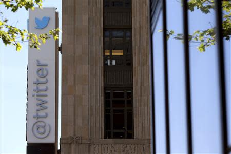 The Twitter logo is pictured at its headquarters on Market Street in San Francisco, California April 29, 2014. REUTERS/Robert Galbraith