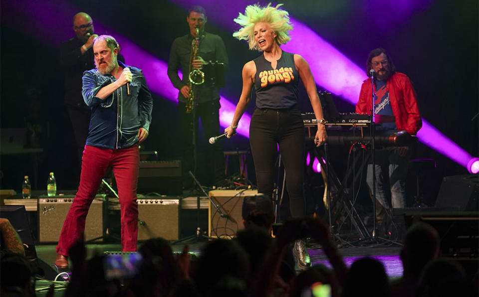 Hannah Waddingham and Brendan Hunt perform a song during the THUNDERGONG Charity Concert for the Steps of Faith Foundation at Uptown Theater on November 11, 2023 in Kansas City, Missouri.